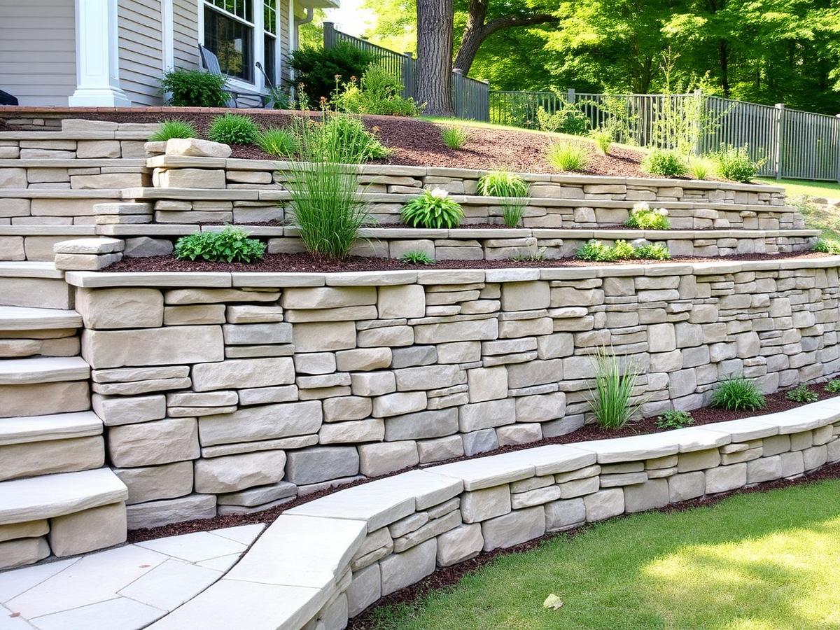 Stacked stone retaining wall